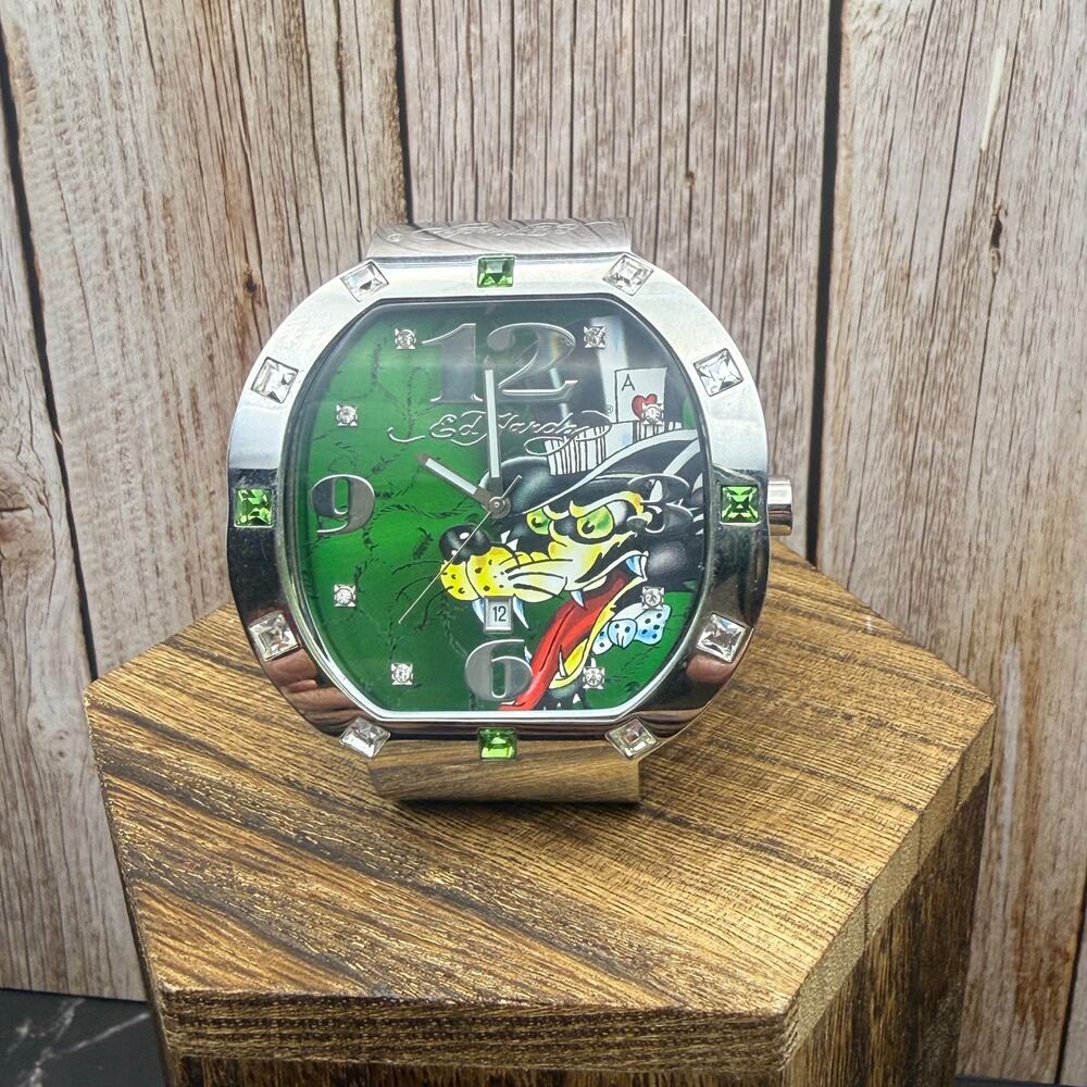 Vintage Ed Hardy BN-WF0509 Green Panther Rhinestone Mens Watch Y2K